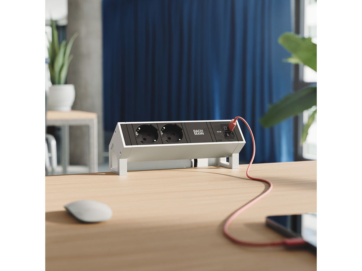 BACHMANN DESK2 2xP40 1xUSB C/C 45W, L=0,2m INOX