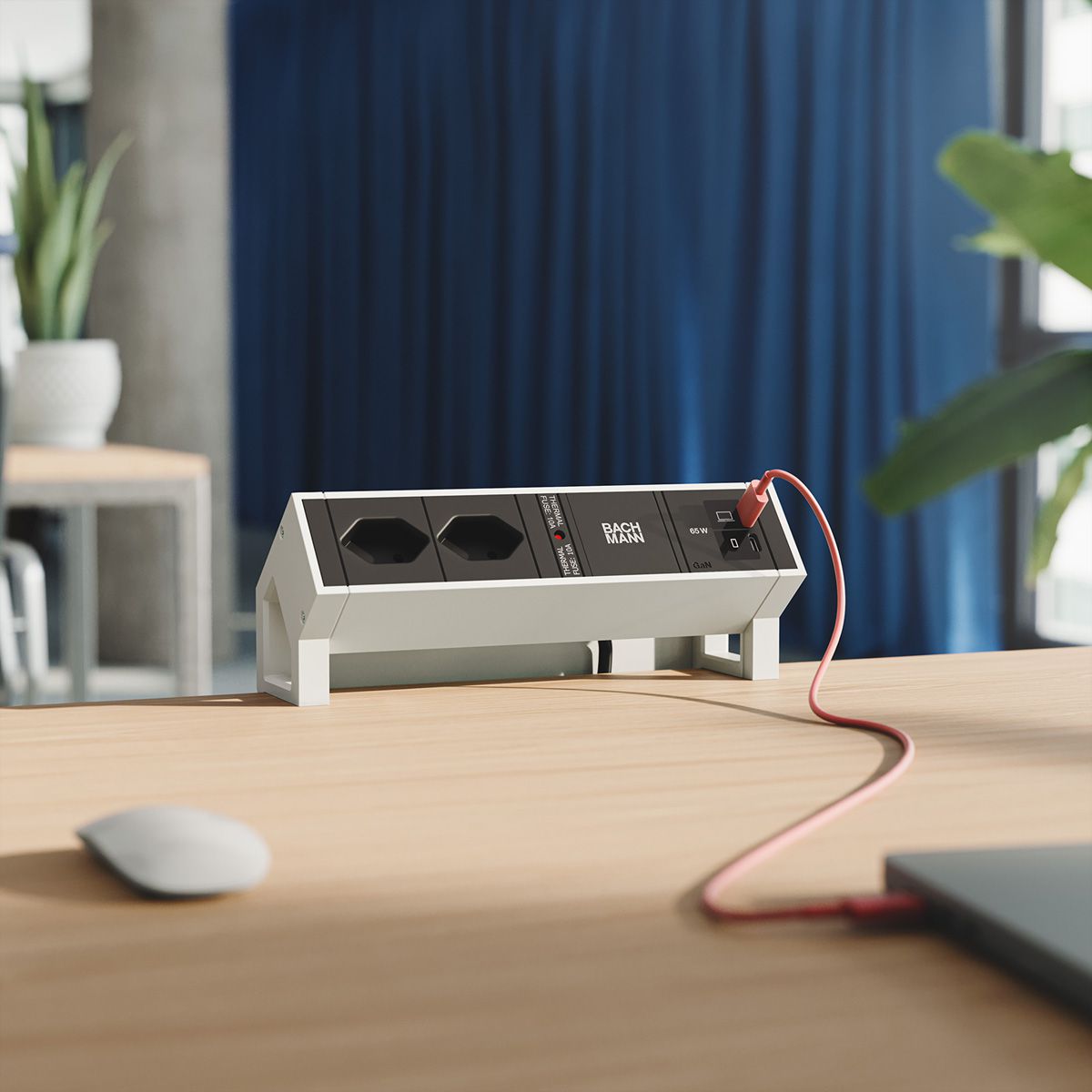 BACHMANN DESK2 2xCH 90° 1xUSB C/C 65W, L=0,2m RAL9010