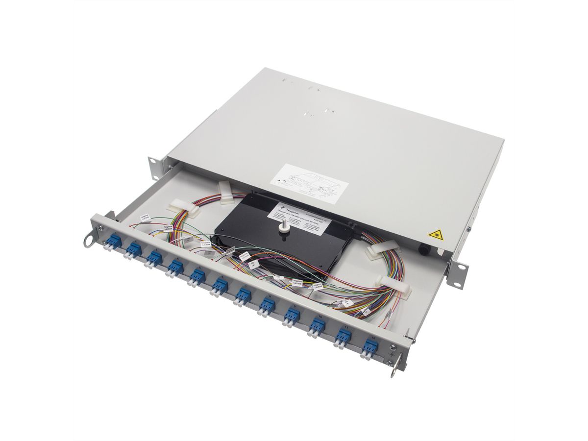 TELEGÄRTNER 19" LWL-RANGIERVERT.PROFI V 1HE, 12xLCD türkis+24xPigt.50 OM3,eingefärbt