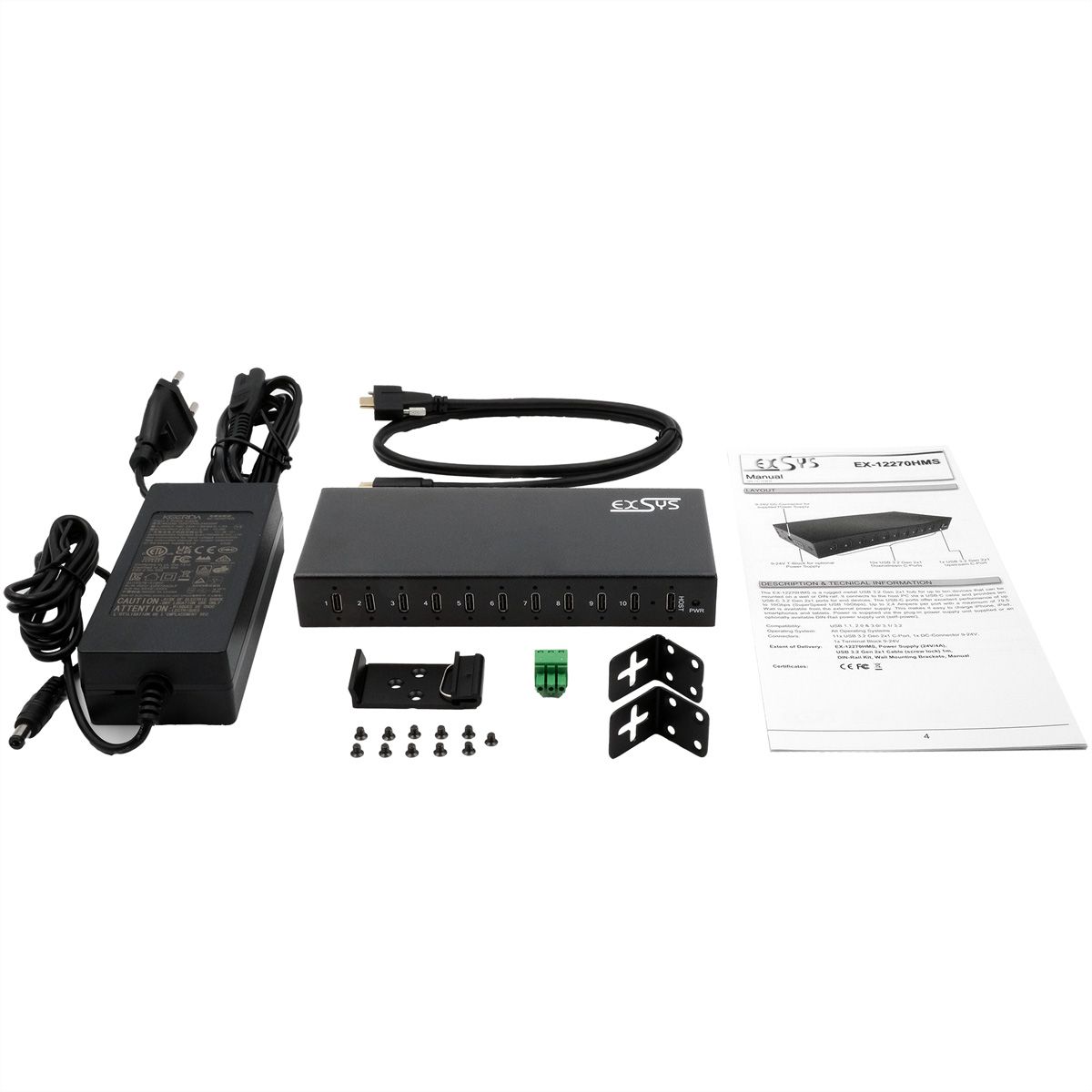 EXSYS EX-12270HMS 10-Port USB 3.2 Gen 2 Metall HUB, mit 10x C-Anschlüsse