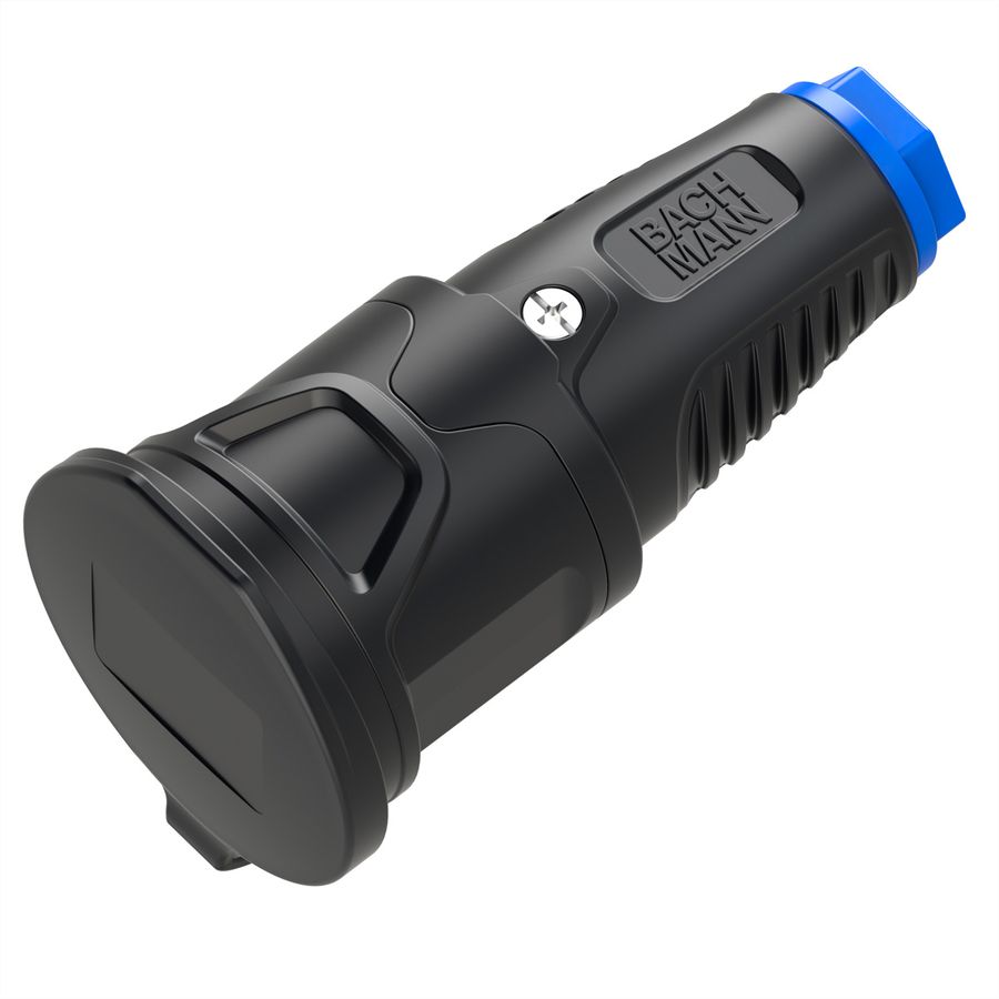 BACHMANN Schutzkontaktkupplung Vollgummi CEE7/3, Deckelband, IP54, schwarz / blau