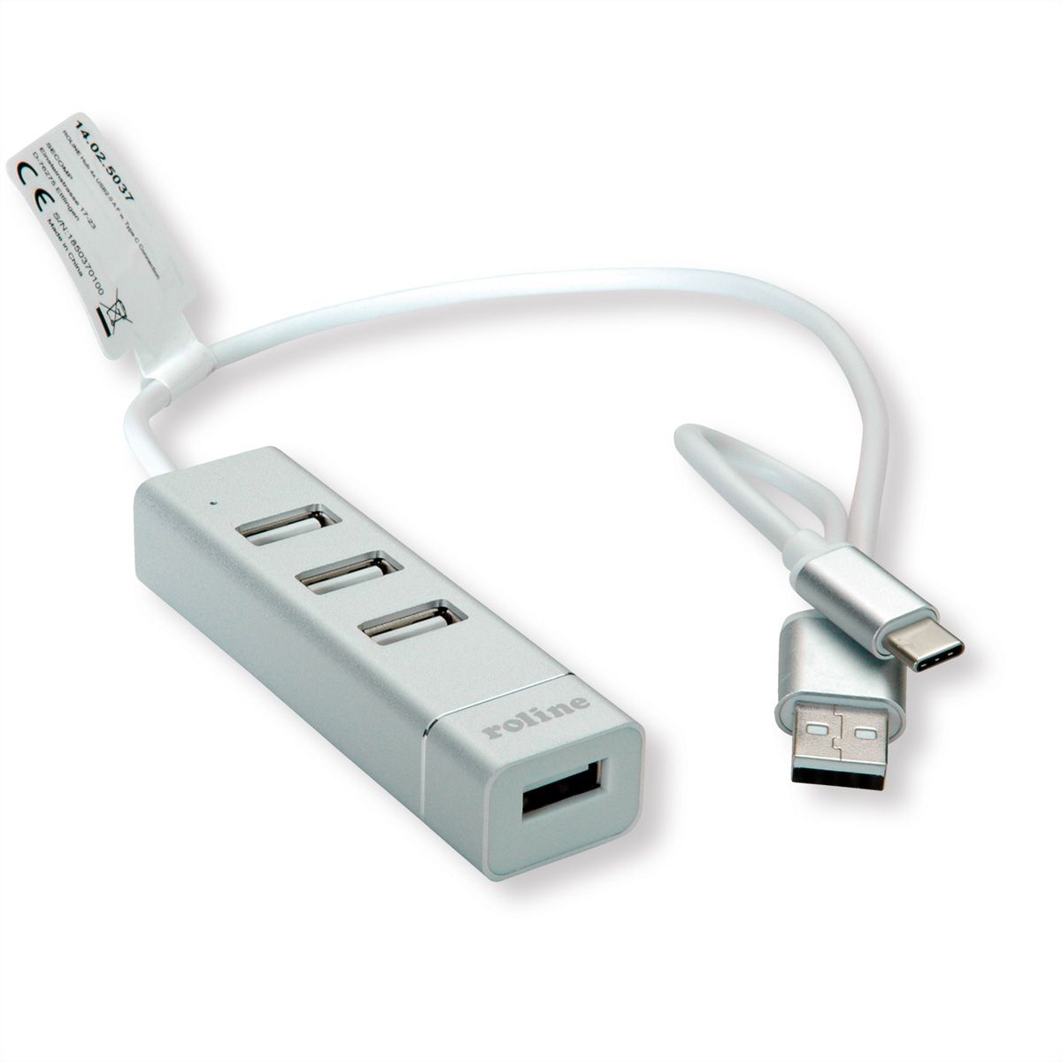 ROLINE USB 2.0 Notebook Hub, 4 Ports, Typ A+C Anschlusskabel