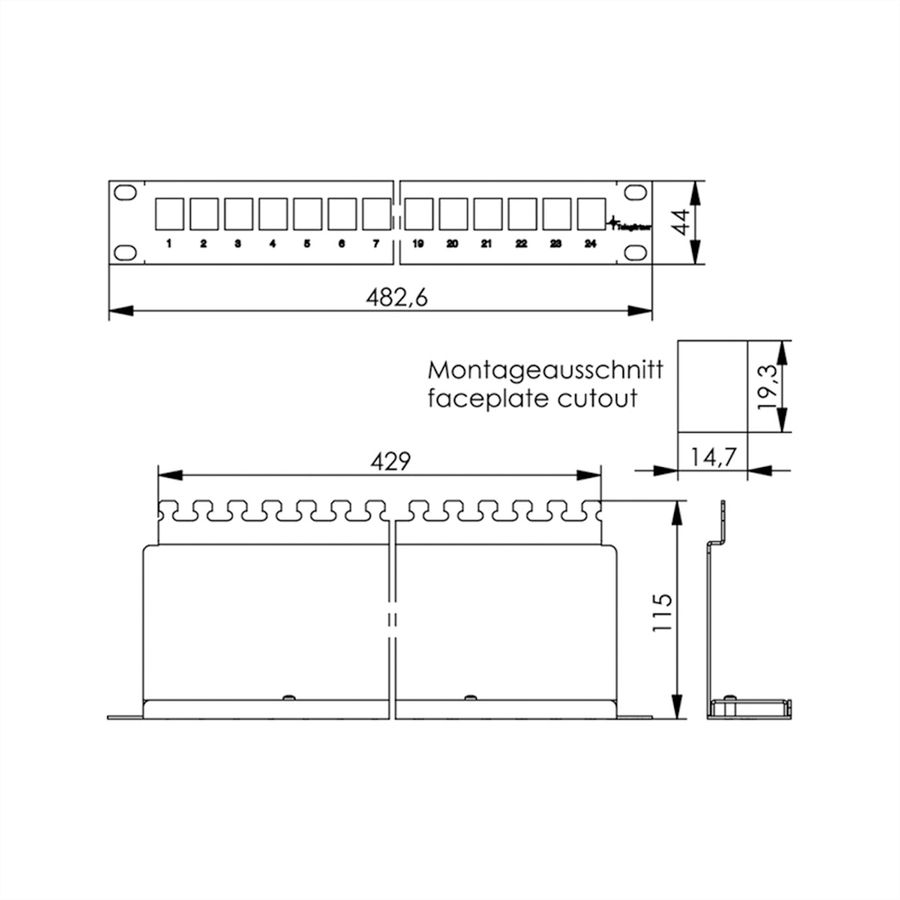 TELEGÄRTNER 19"-Modulträger 1 HE, mit 24 AMJ-SL-Modulen Cat.6A (Class EA), grau