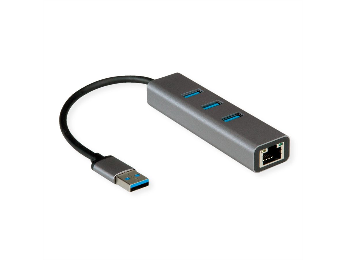 ROLINE USB 3.2 Gen 1 zu Gigabit Ethernet Konverter + Hub 3x