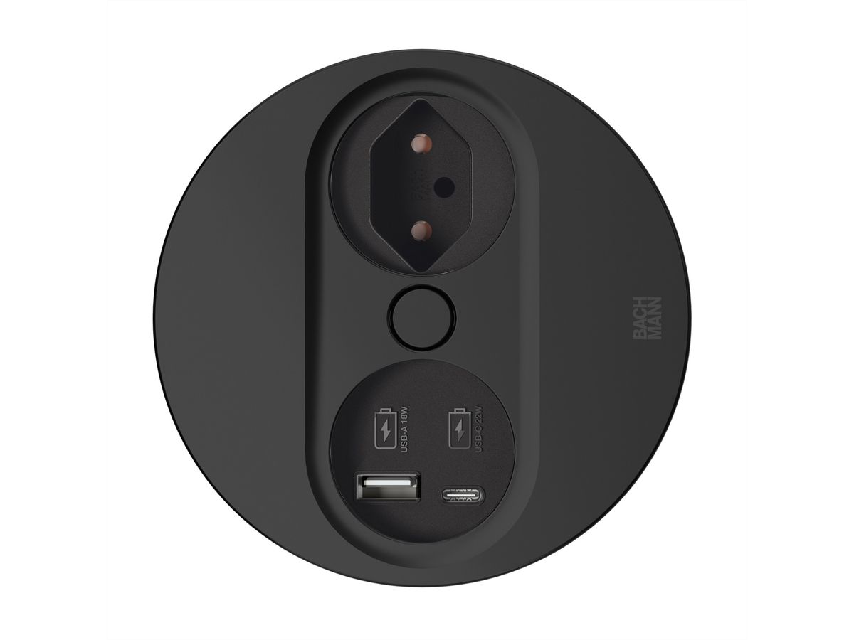 BACHMANN TWIST2 1xCH 1xUSB A/C 22W, L=0,2m RAL9005 30GE rund