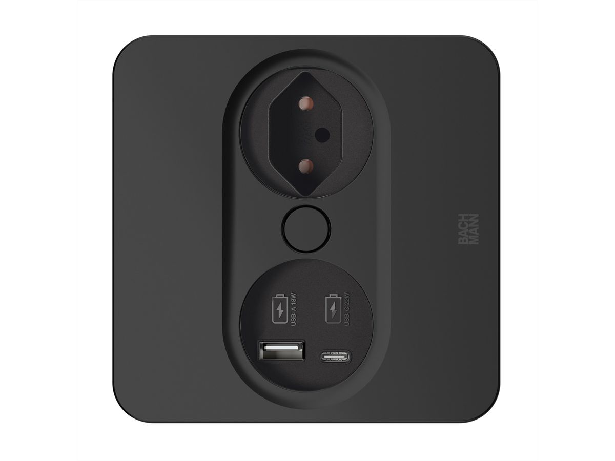 BACHMANN TWIST2 1xCH 1xUSB A/C 22W, L=0,2m RAL9005 30GE eckig