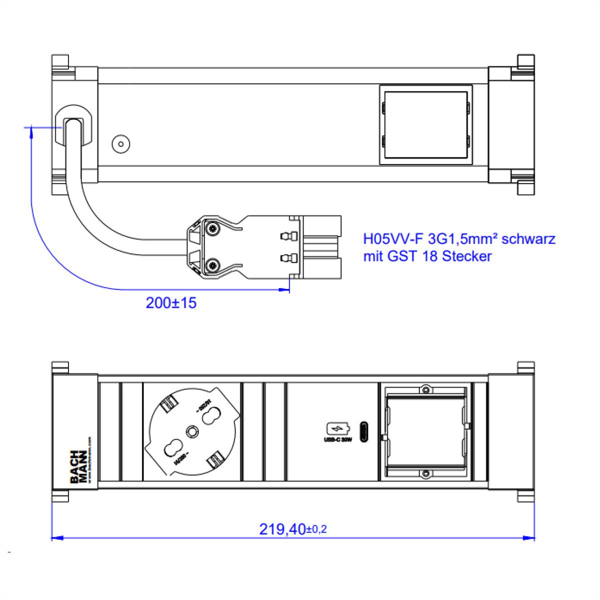 BACHMANN POWER FRAME S 1xP40 1xUSB C 30W, 1xCM 0,2m GST18 Italia
