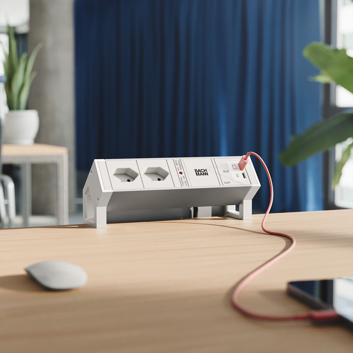 BACHMANN DESK2 ALU WHITE 2xCH 90°, 1xUSB C/C 45W L=0,2m RAL9010