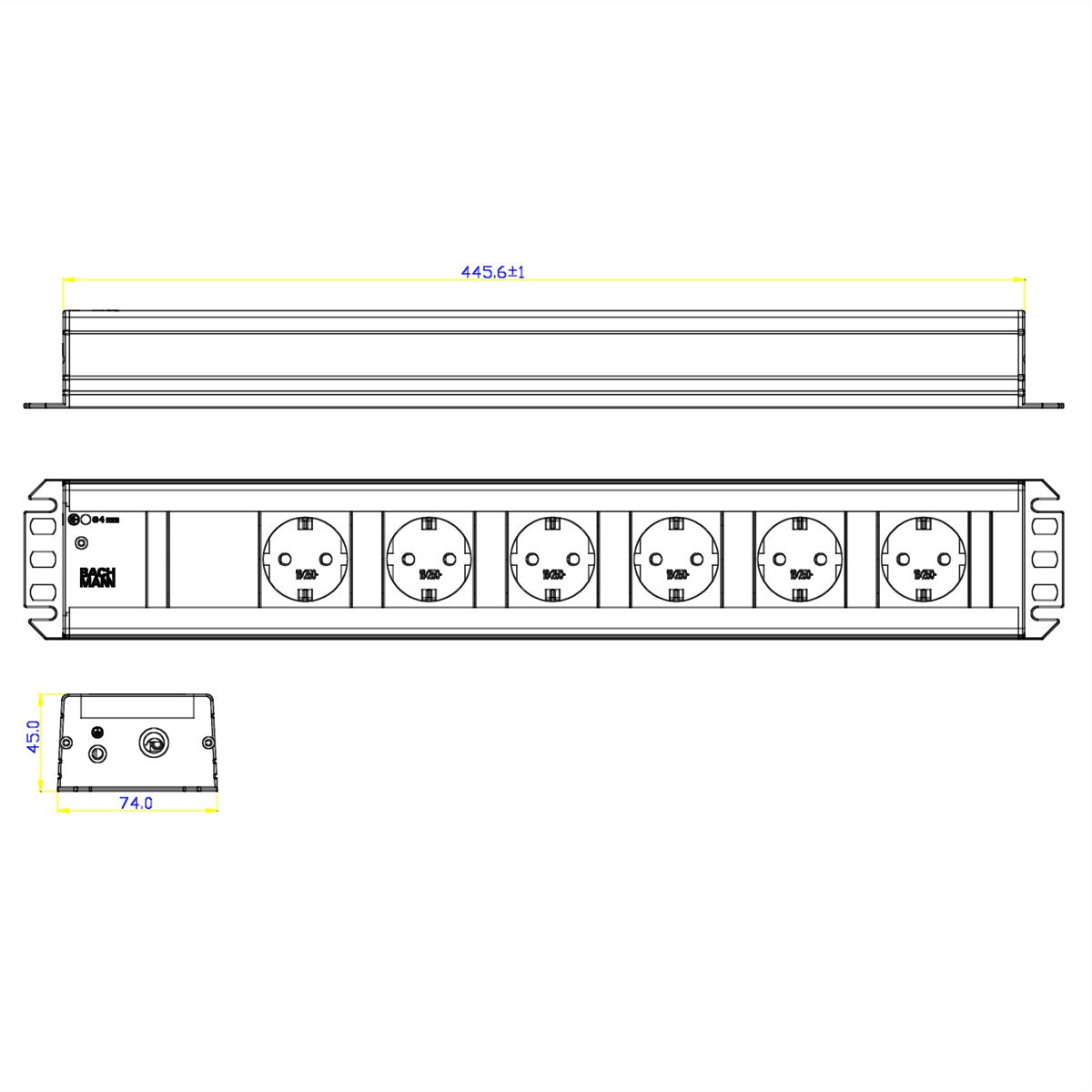 BACHMANN Handwerkerleiste 6x Schutzkontakt, 19-Zoll-Rack kompatibel, 2 m