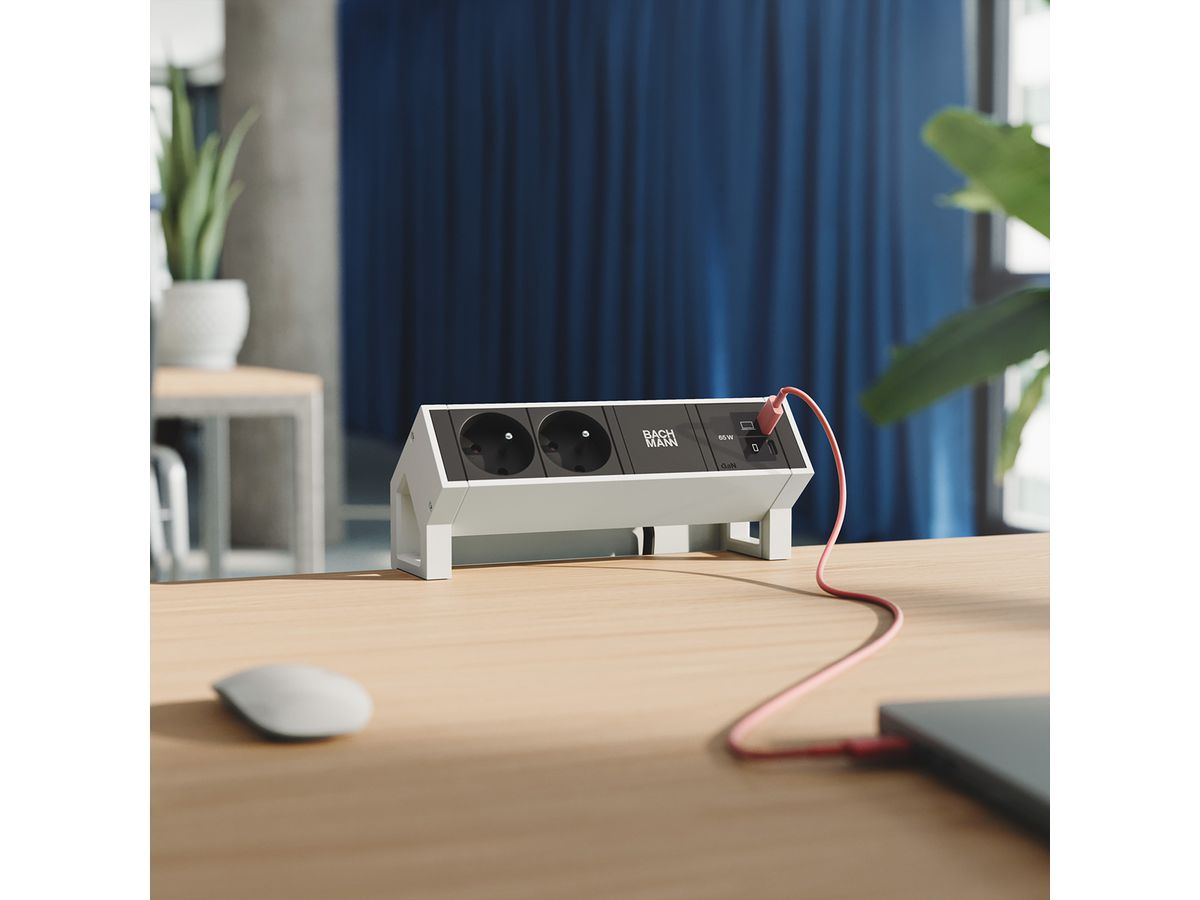 BACHMANN DESK2 2xUTE 1xUSB C/C 65W, L=0,2m RAL9010