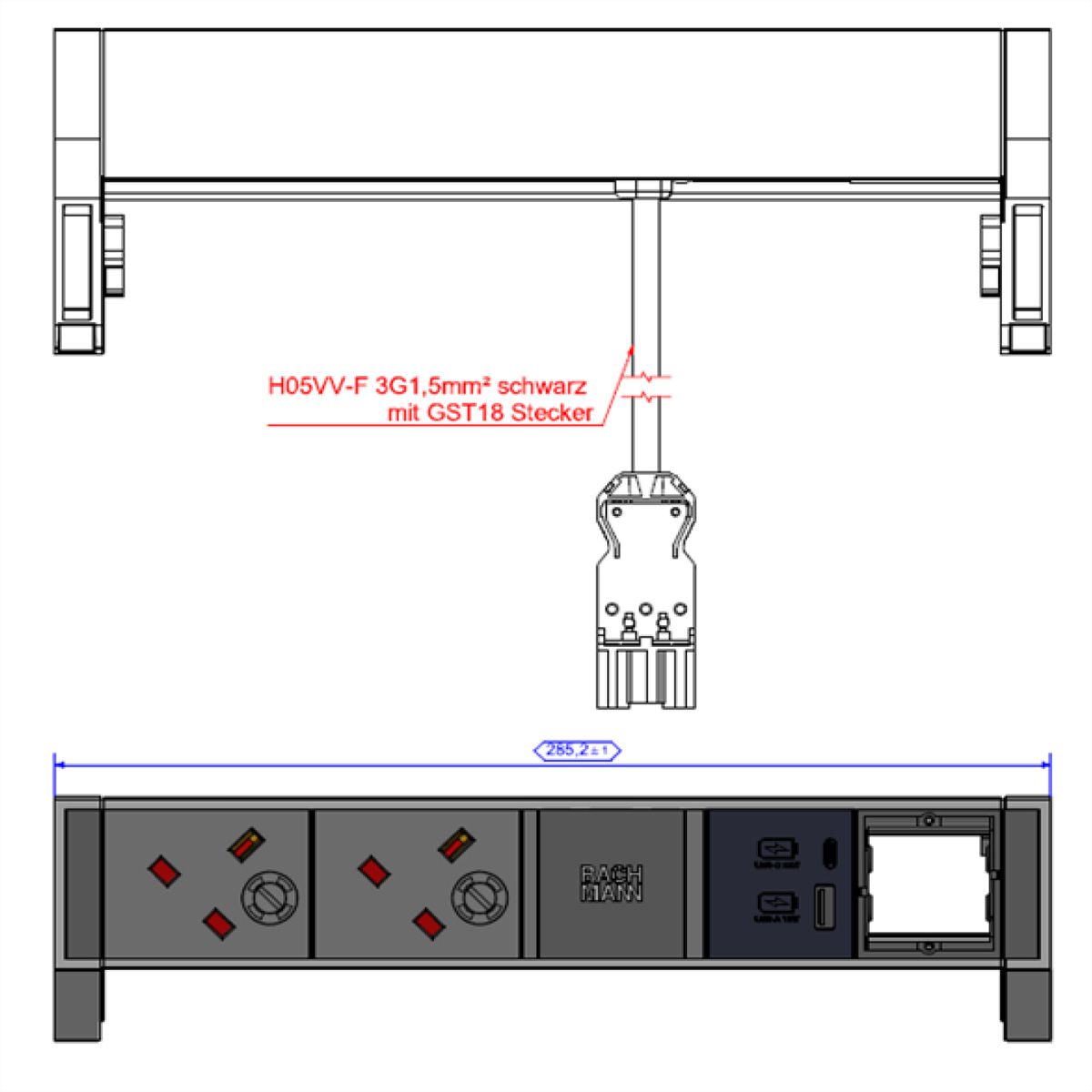 BACHMANN DESK2 2xUK 1xUSB A/C 22W 1xCM, 0,2m GST18 INOX United Kingdom
