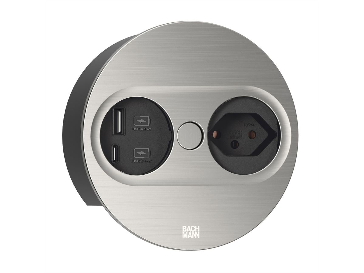 BACHMANN TWIST2 1xCH 1xUSB A/C 22W, L=2,0m AEH T12 Edelstahl-Optik rund