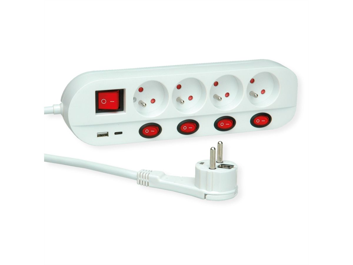 ROLINE 4-fach Steckdosenleiste mit Schalter, UTE Version, USB-Charger A+C, 1,5 m