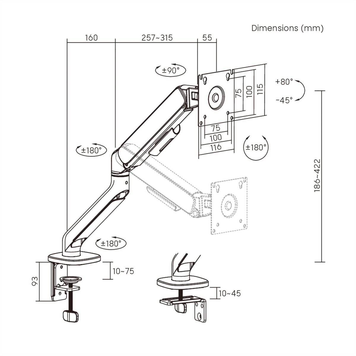 STANDARD Monitorarm, Mechanische Feder, 17–32 Zoll, max. 10 kg, schwarz