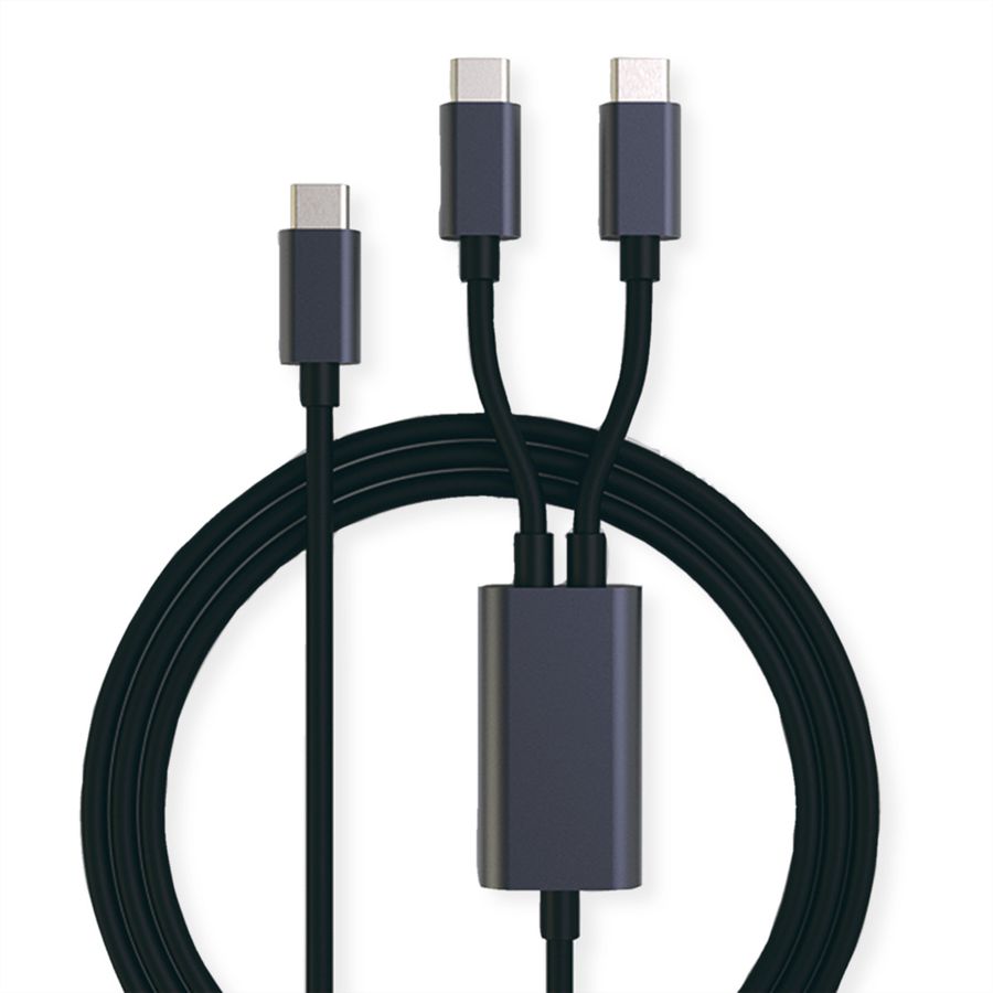 ROLINE USB Typ C Split-Ladekabel, USB-C - 2x USB-C, ST/ST, max. 100W, schwarz, 1,85 m