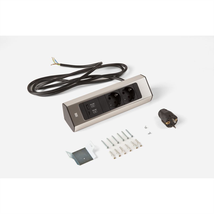 BACHMANN CASIA2 2xCEE7/3 1xUSB A/C 22W 2,0m AEH Edelstahl-Optik