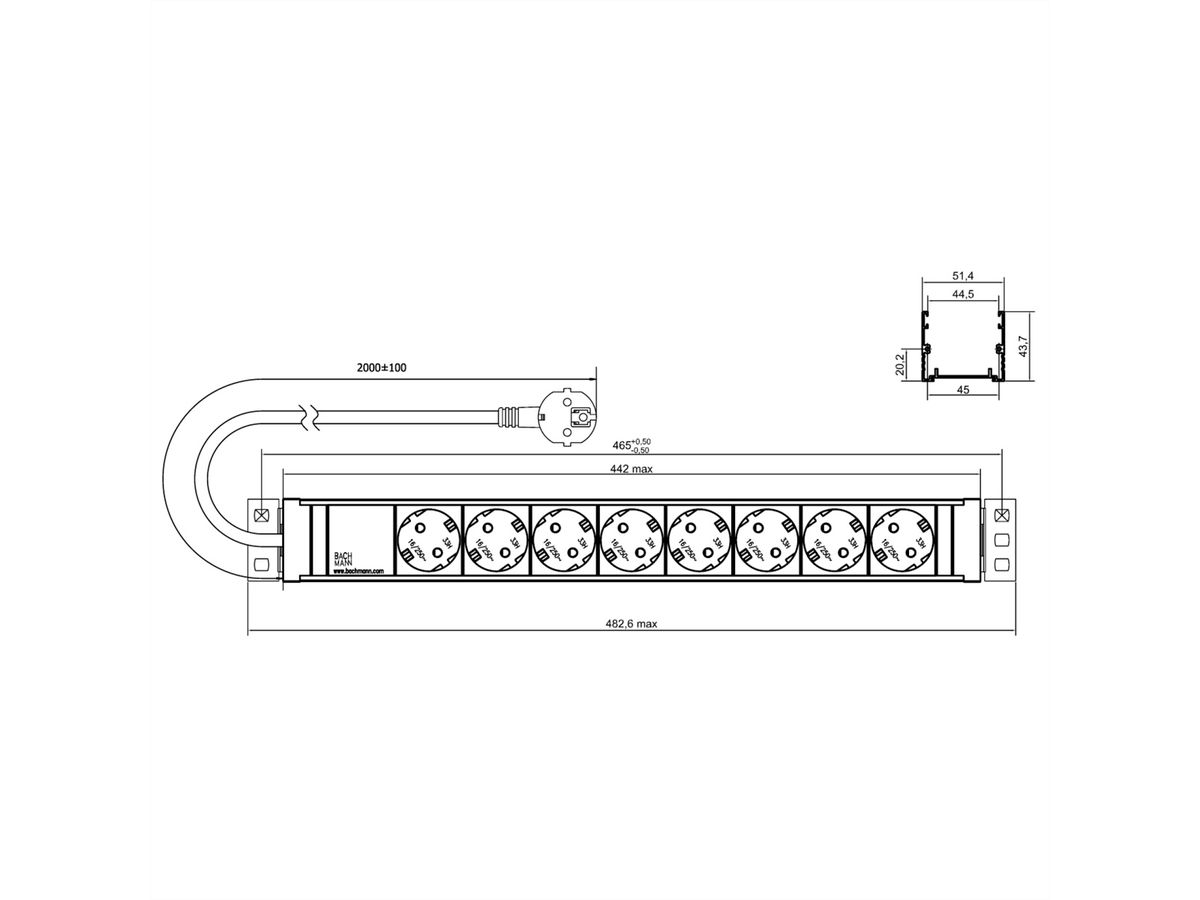 BACHMANN 19" 1,5HE 8xCEE7/3 ws Strom 2,0m CEE7/7