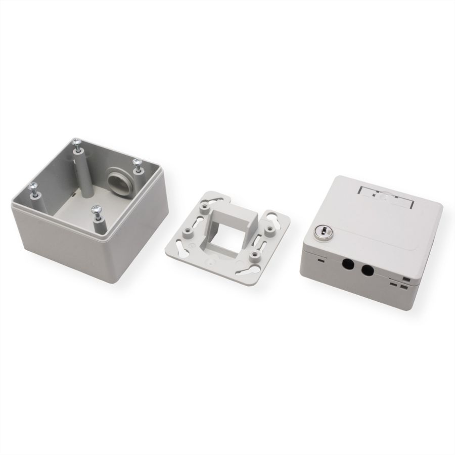 METZ CONNECT IP44 Modul-Aufputz-Gehäuse, Klappdeckel+Schloss, 2Ports unbestückt, grau
