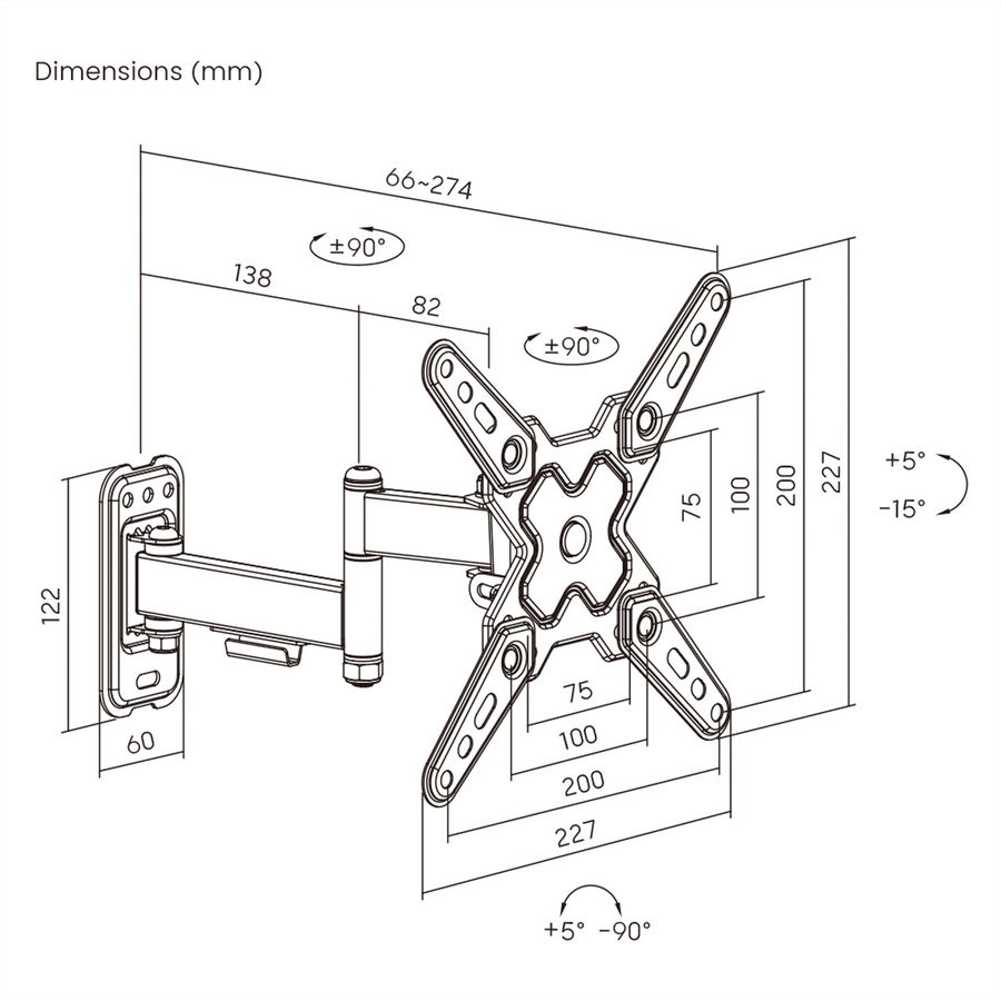 VALUE TV-Wandhalterung, 3 Drehpunkte, 13-43 Zoll, bis 20 kg