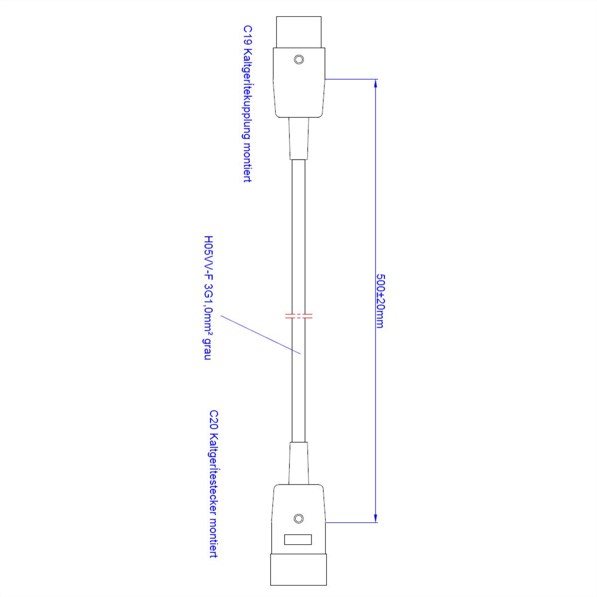 BACHMANN Verlängerung H05VV-F3G1,5,grau, C20-Kaltgeräte-Stecker C19-Kaltgerätesteckdose 0,5m