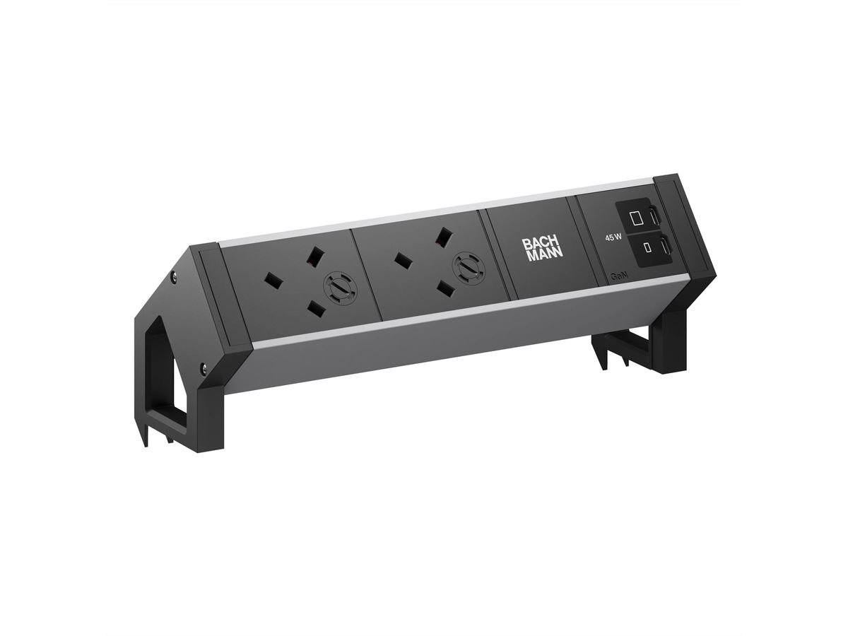 BACHMANN DESK2 ALU BLACK 2xUK, 1xUSB C/C 45W L=0,2m