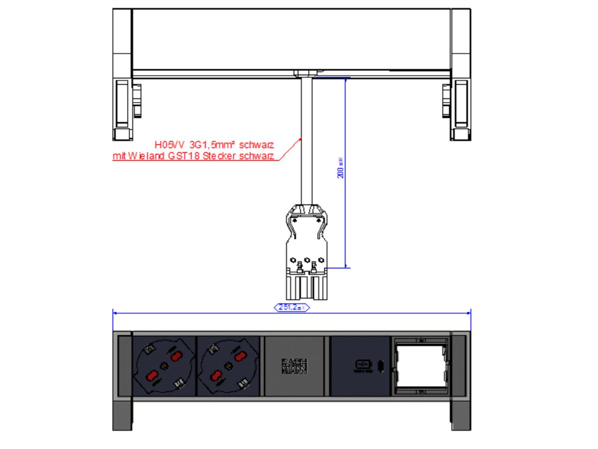 BACHMANN DESK2 ALU BLACK 2xP40 1xCM, 1xUSBC 30W 0,2m GST18 Italia