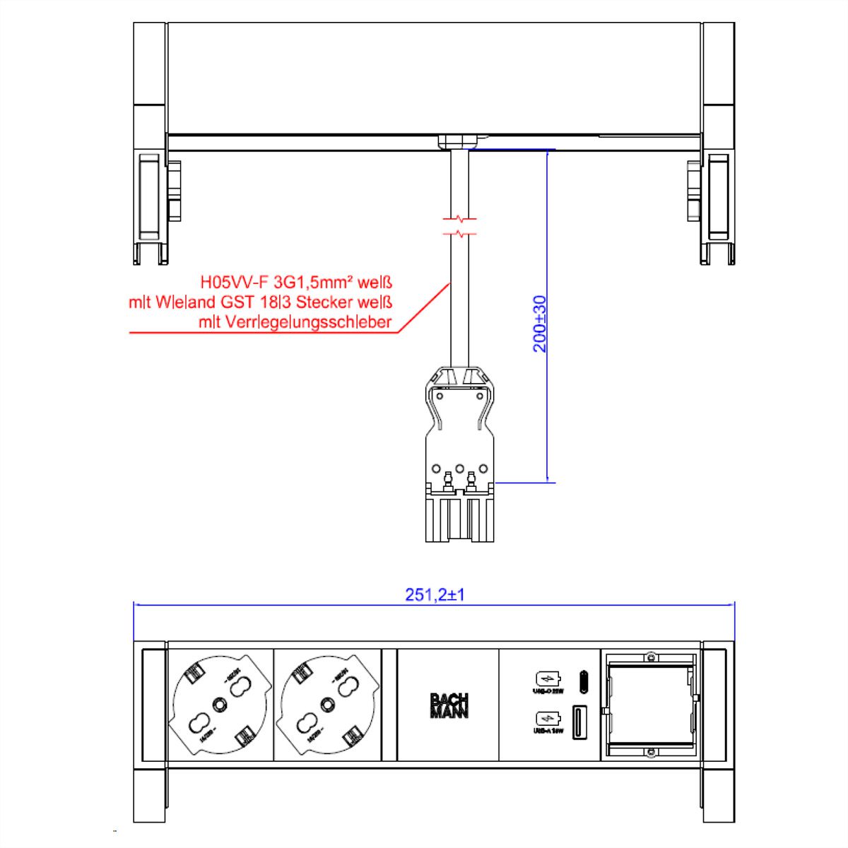BACHMANN DESK2 white 2xP40 1xSchalter 1xUSB A/C 22W 1xCM 0,2m GST18