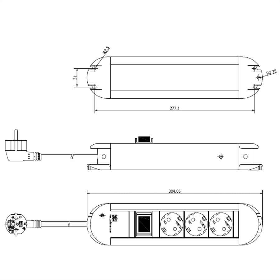 BACHMANN PRIMO Steckdosenleiste 3x Schutzkontakt, Aluminium, mit Schalter, 1,75 m