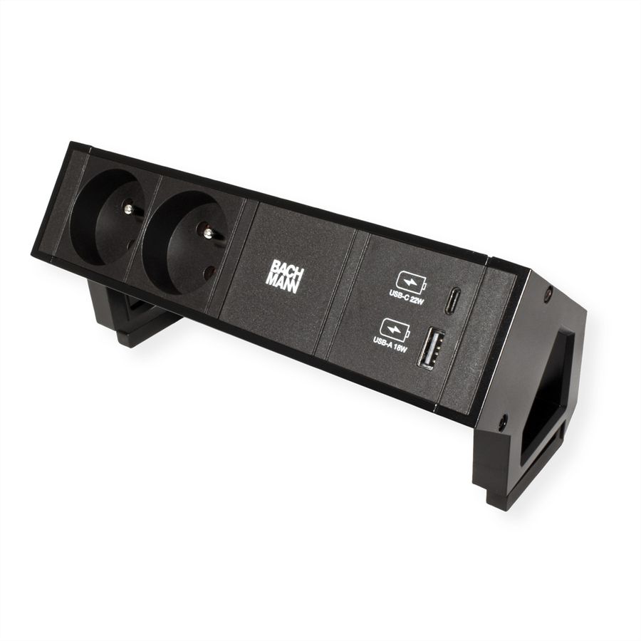 BACHMANN DESK2 2xUTE 1xUSB A/C 22W, GST18 RAL9005, schwarz, 0,2 m