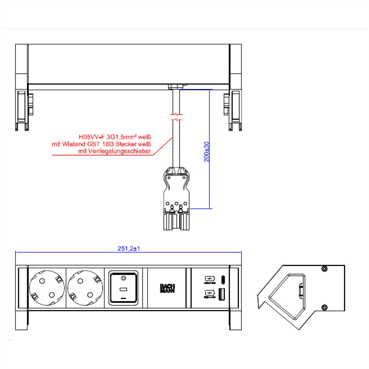 BACHMANN DESK2 white 2xCEE7/3 1xUSB A/C 22W 0,2m GST18