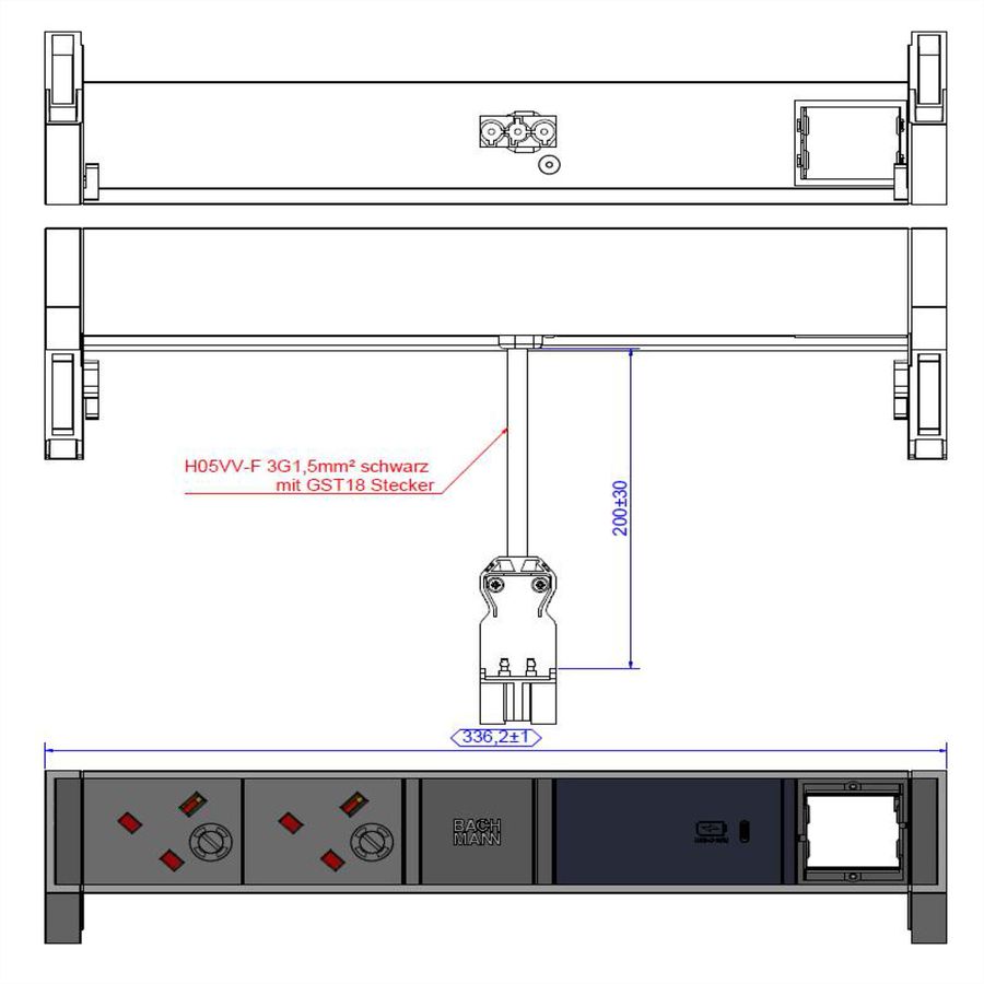 BACHMANN DESK2 2xUK 1xUSB C 60W 1xCM, 0,2m GST18 RAL9010 United Kingdom