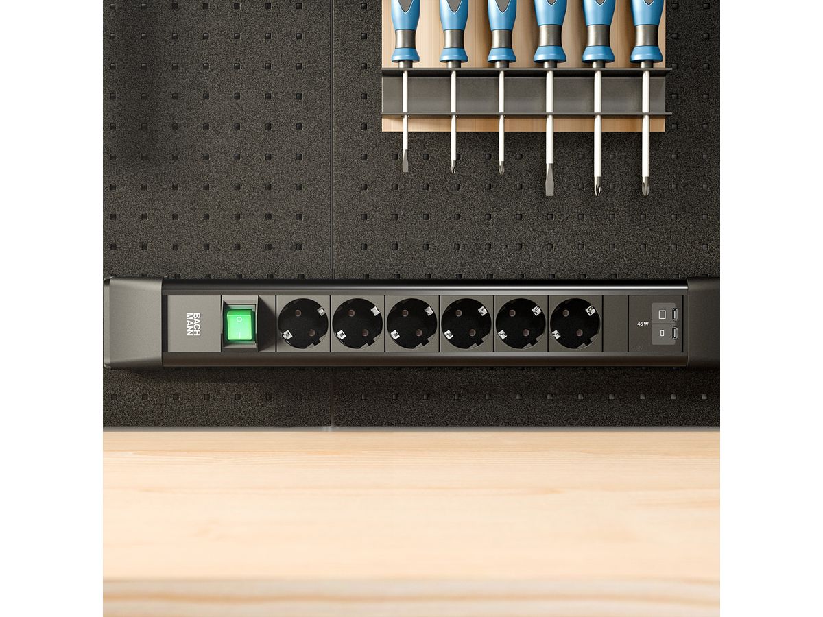 BACHMANN CONNECTUS 6xCEE7/3 1xSchalter, 1xUSB C/C 45W L=2,0m CEE7/7 schwarz