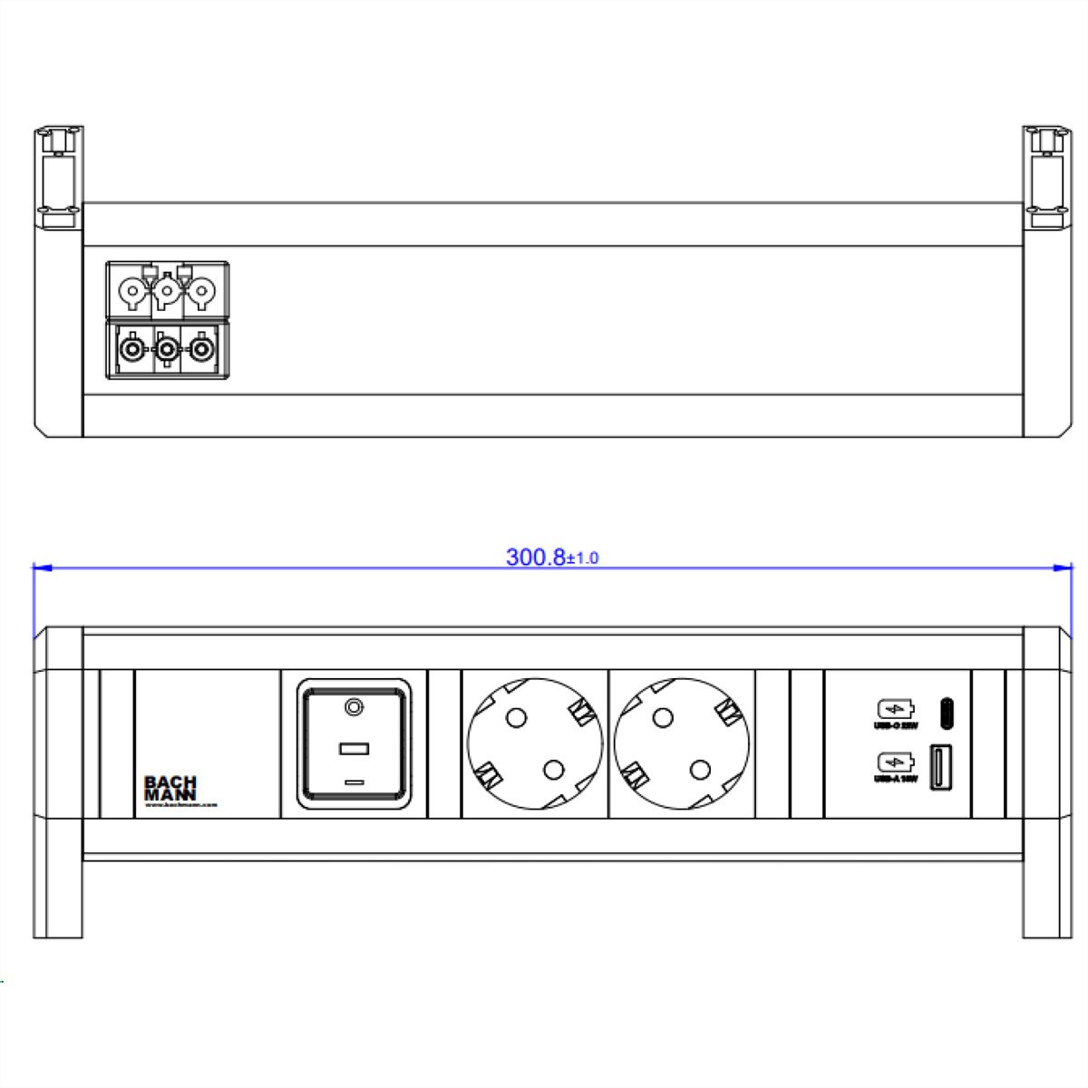 BACHMANN DESK 2xCEE7/3 1xSchalter 1xUSB A/C 22W GST18 RAL9010