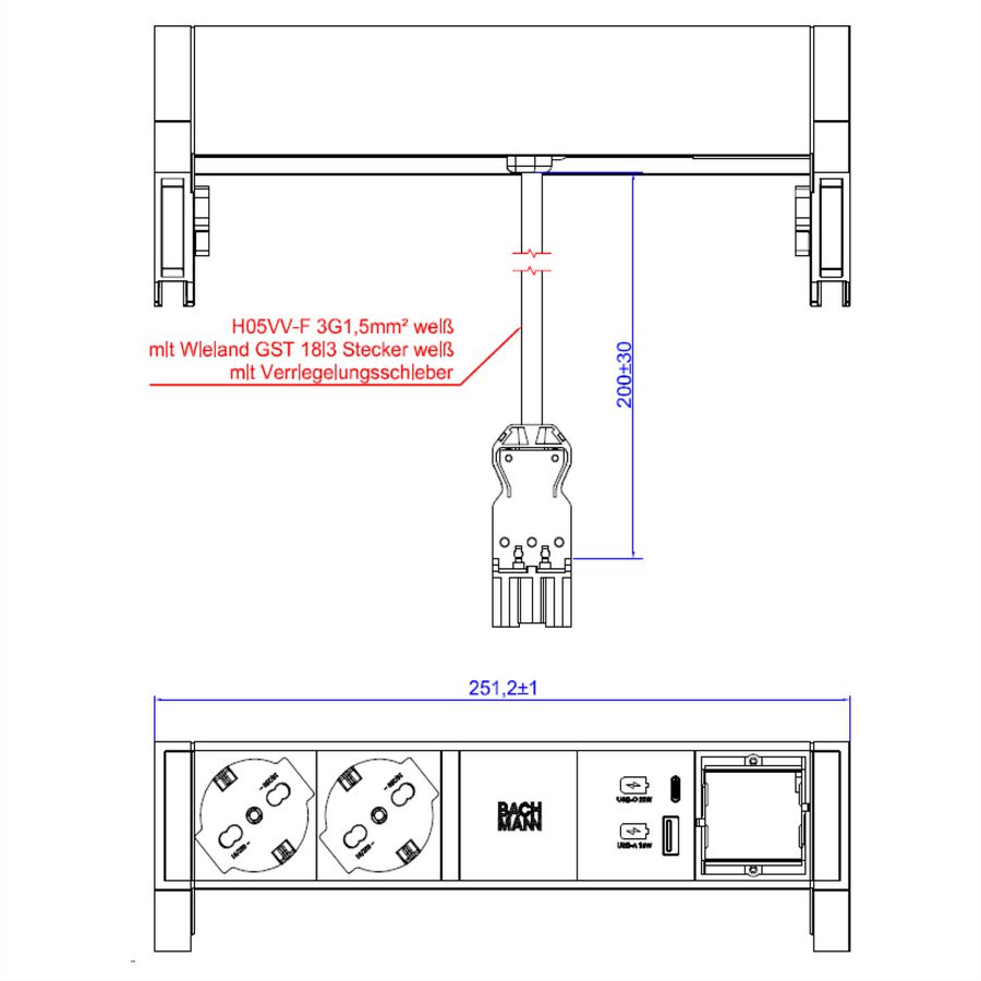 BACHMANN DESK2 white 2xP40 1xSchalter 1xUSB A/C 22W 1xCM 0,2m GST18