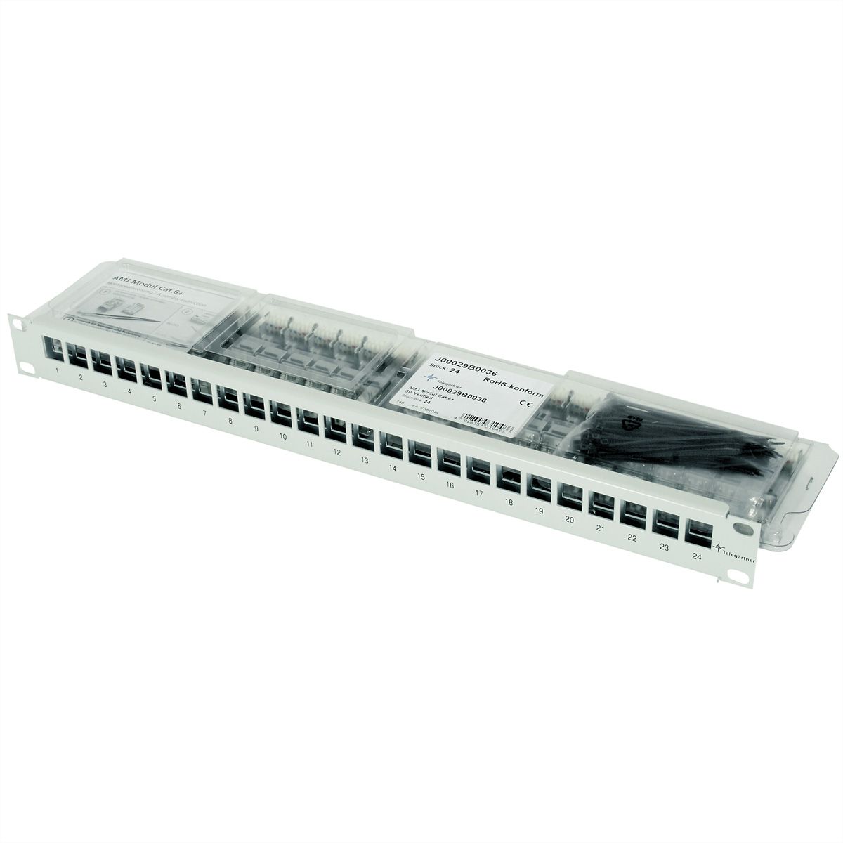 TELEGÄRTNER 19"-Modulträger 1 HE, mit 24 AMJ-Modulen Cat.6A (Class EA) (ISO/IEC), schwarz