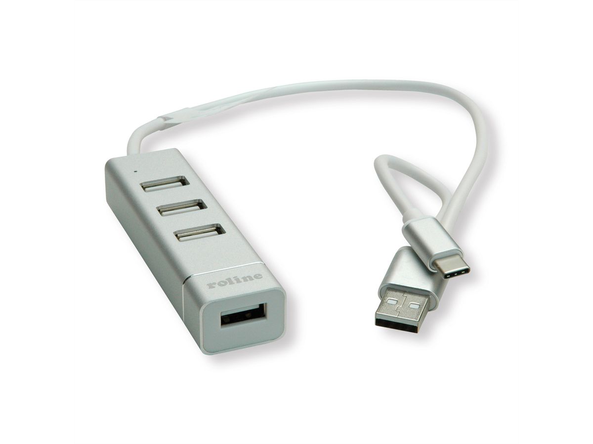 ROLINE USB 2.0 Notebook Hub, 4 Ports, Typ A+C Anschlusskabel