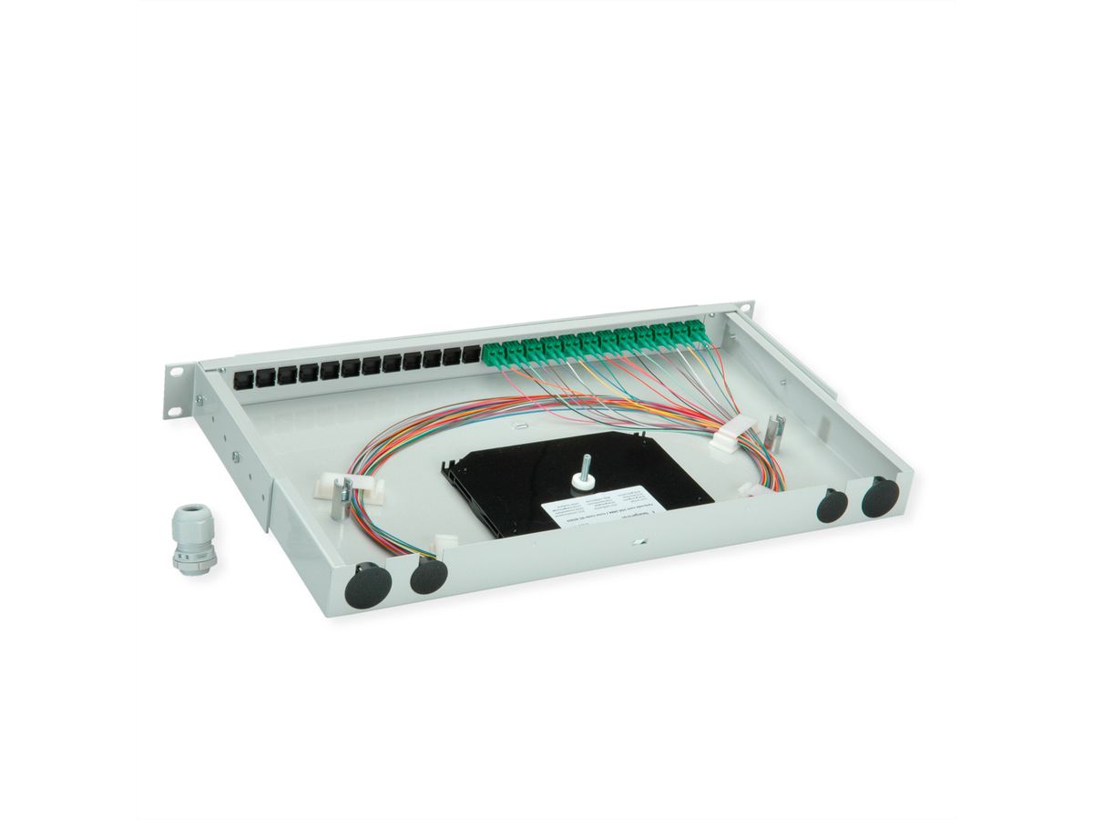 TELEGÄRTNER BASIS V LWL-Panel mit Kupplungen & Pigtails, 12x LC Duplex, grün, OS2 APC