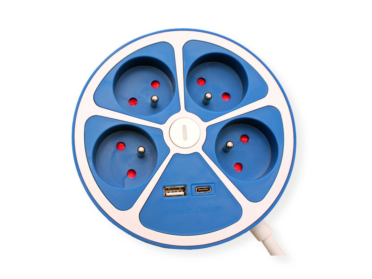ROLINE 4-fach Steckdosenleiste mit Schalter, rund, UTE Version, USB-Charger A+C, blau, 1,5 m