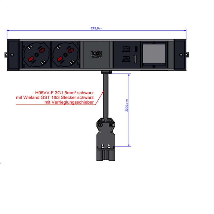 BACHMANN DESK RAIL 2xP40 1xUSB A&C 22W, 1xCM 2,0m GST18 Italia