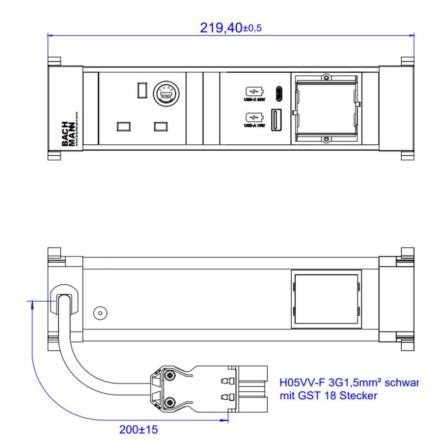 BACHMANN POWER FRAME S 1xUK 1xCM, 1xUSB A&C 22W 0,2m GST18 United Kingdom