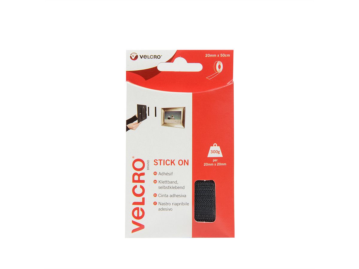 VELCRO® Klettband Selbstklebend, Haken & Flausch 20mm x 50cm Schwarz