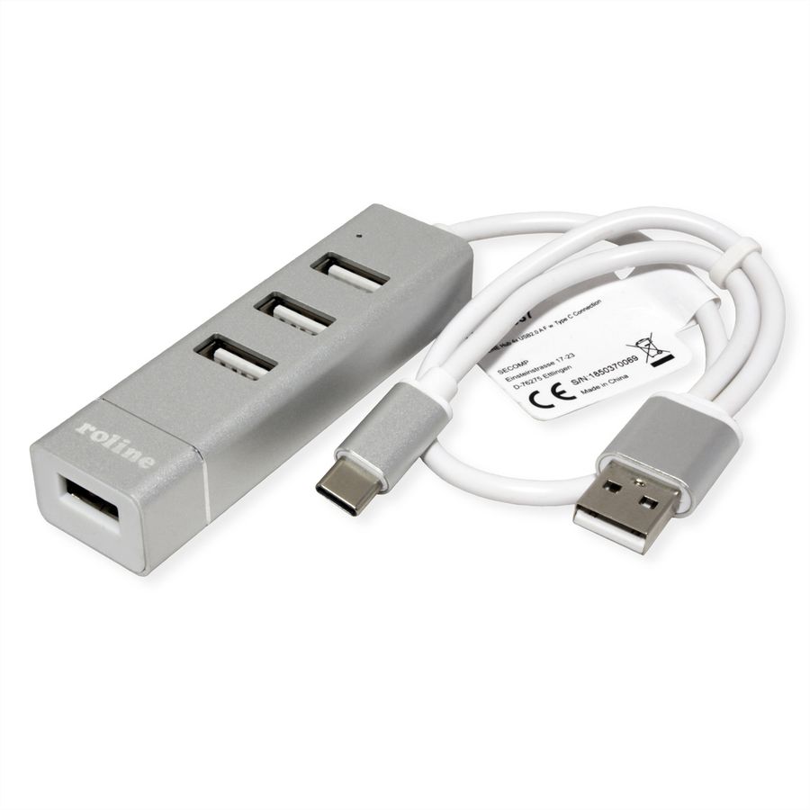 ROLINE USB 2.0 Notebook Hub, 4 Ports, Typ A+C Anschlusskabel