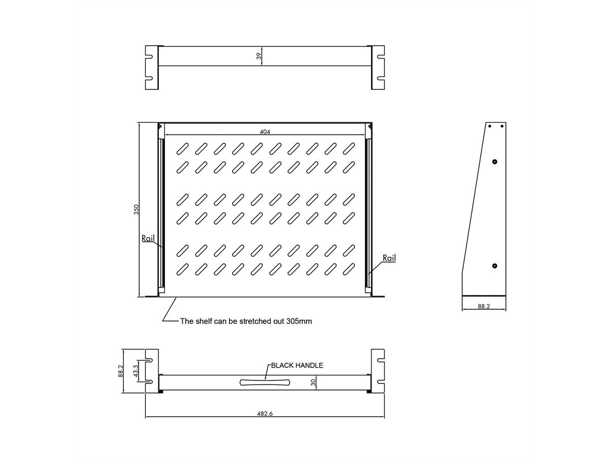 VALUE 19"-Fachboden ausziehbar, 2 HE, 404 x 350 mm, 30 kg Traglast