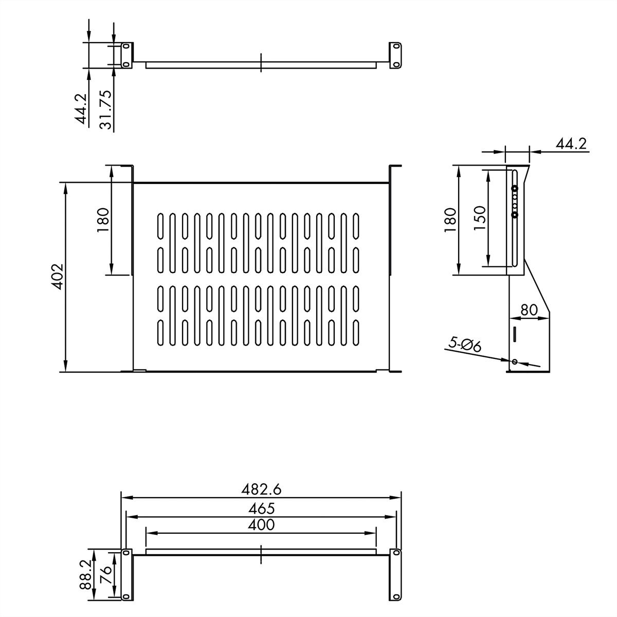 VALUE 19-Zoll-Geräteträger, 485 x 400mm, 2HE, max. 25kg, schwarz