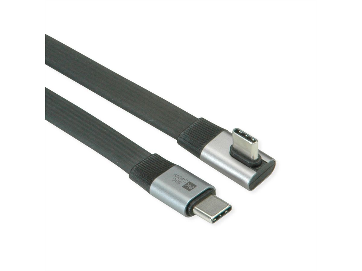 ROLINE USB4 2.0 Flachkabel, C–C, ST/ST einseitig 90°-gewinkelt, 8K UHD-2, 80Gbit/s, 240W, schwarz, 0,8 m