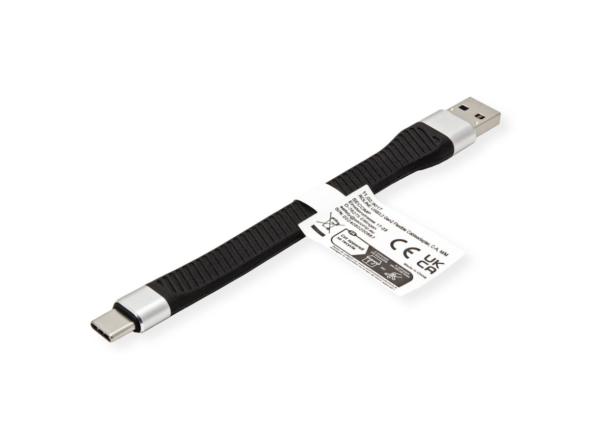 ROLINE USB 3.2 Gen 2 Silikonkabel, C-A, ST/ST, 10Gbit/s, Emark, schwarz, 11 cm