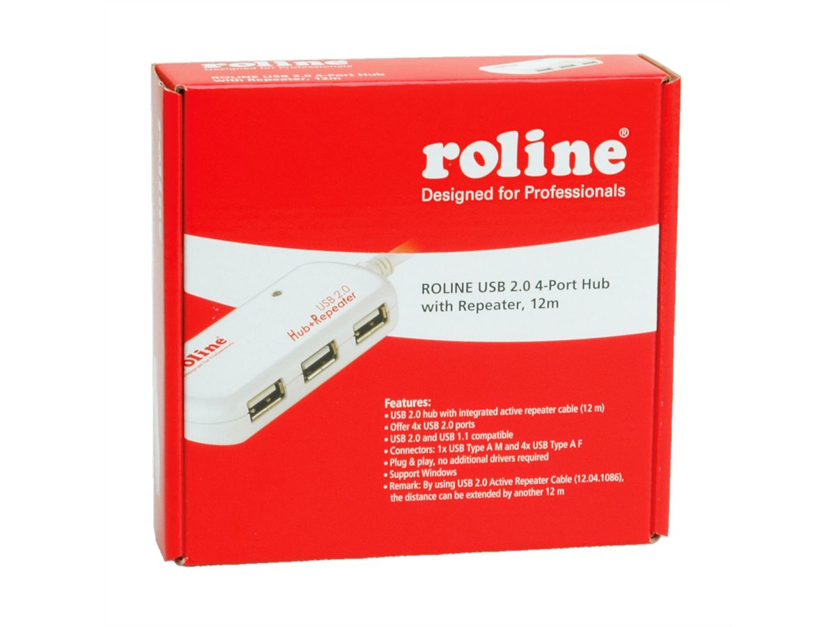 ROLINE USB 2.0 4-Port Hub mit Repeater, 12 m