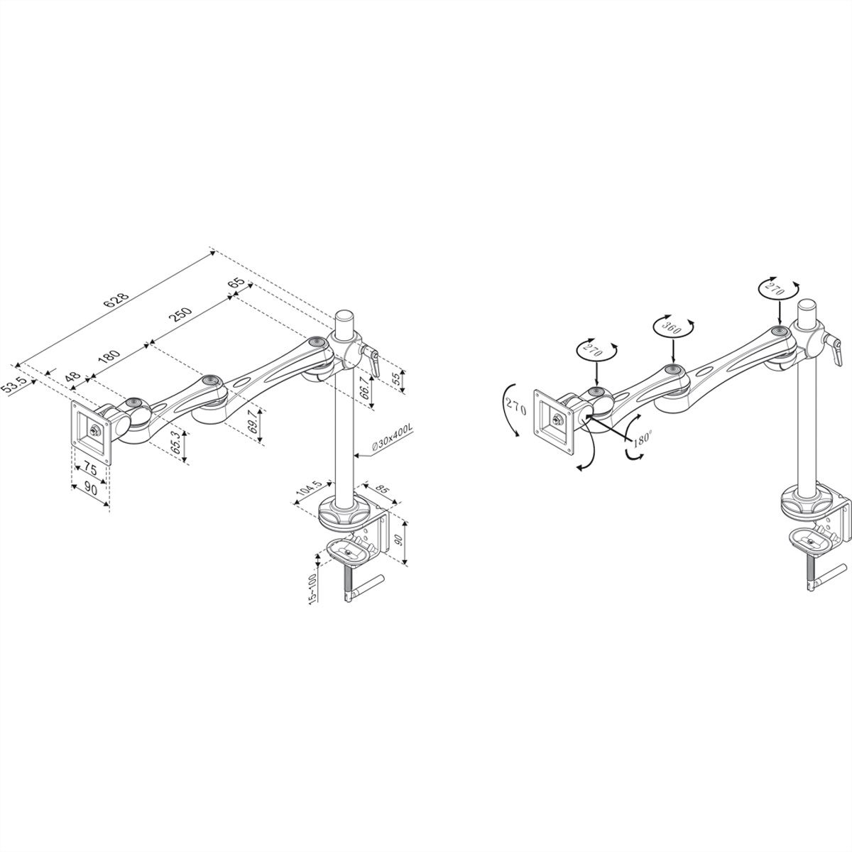 ROLINE LCD-Arm Trägerstange, 4 Gelenke, Tischmontage, bis 10 kg