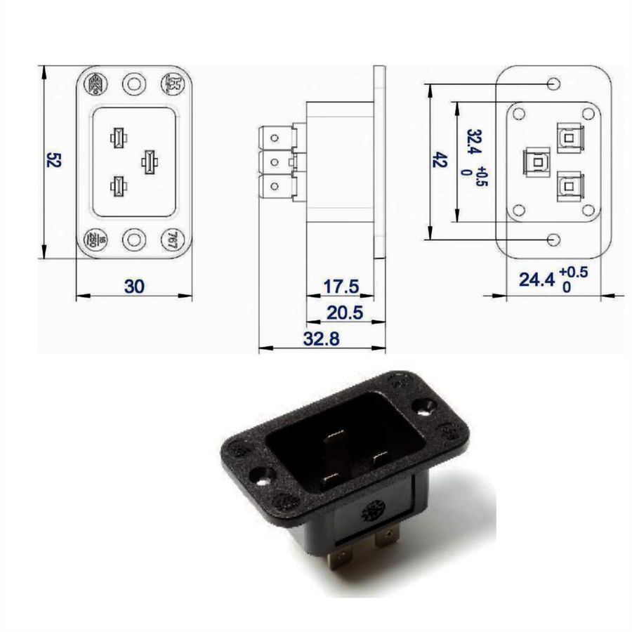 BACHMANN Kaltgeräteeinbaustecker IEC320 C20, schwarz, Thermoplast,Schraubanschluss