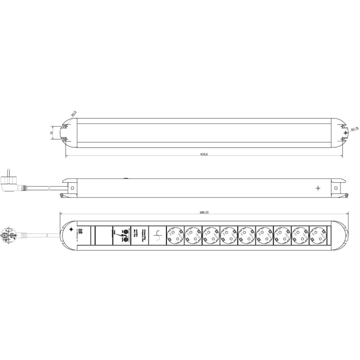 BACHMANN PRIMO Steckdosenleiste 9x Schutzkontakt Aluminium Gerätevollschutz, 1,75 m